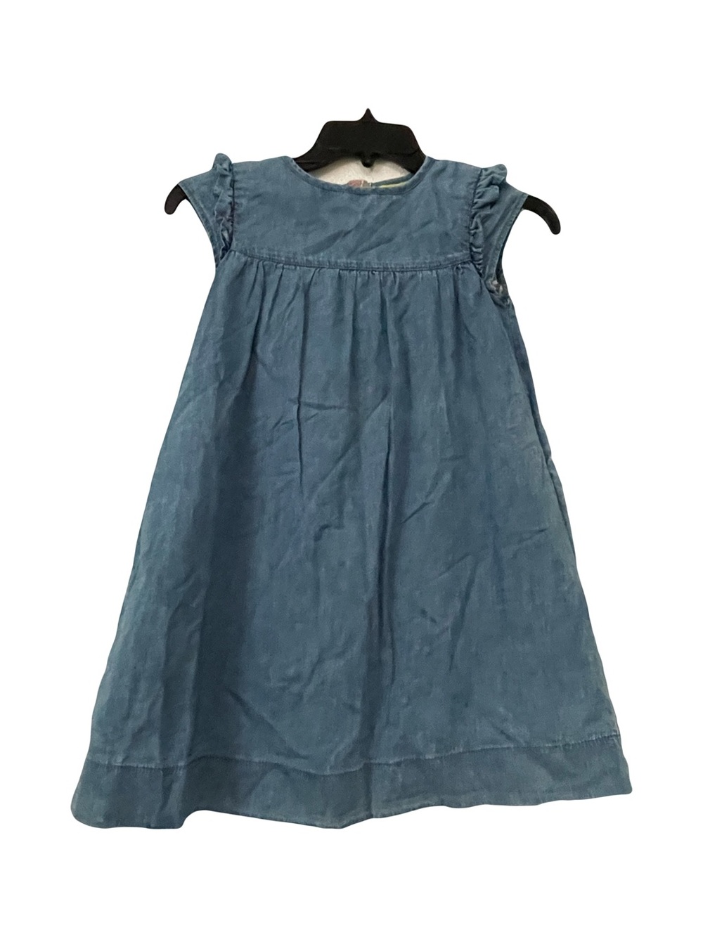 Mini Boden Denim-Effect Ruffle Cap Sleeve Dress - Blue